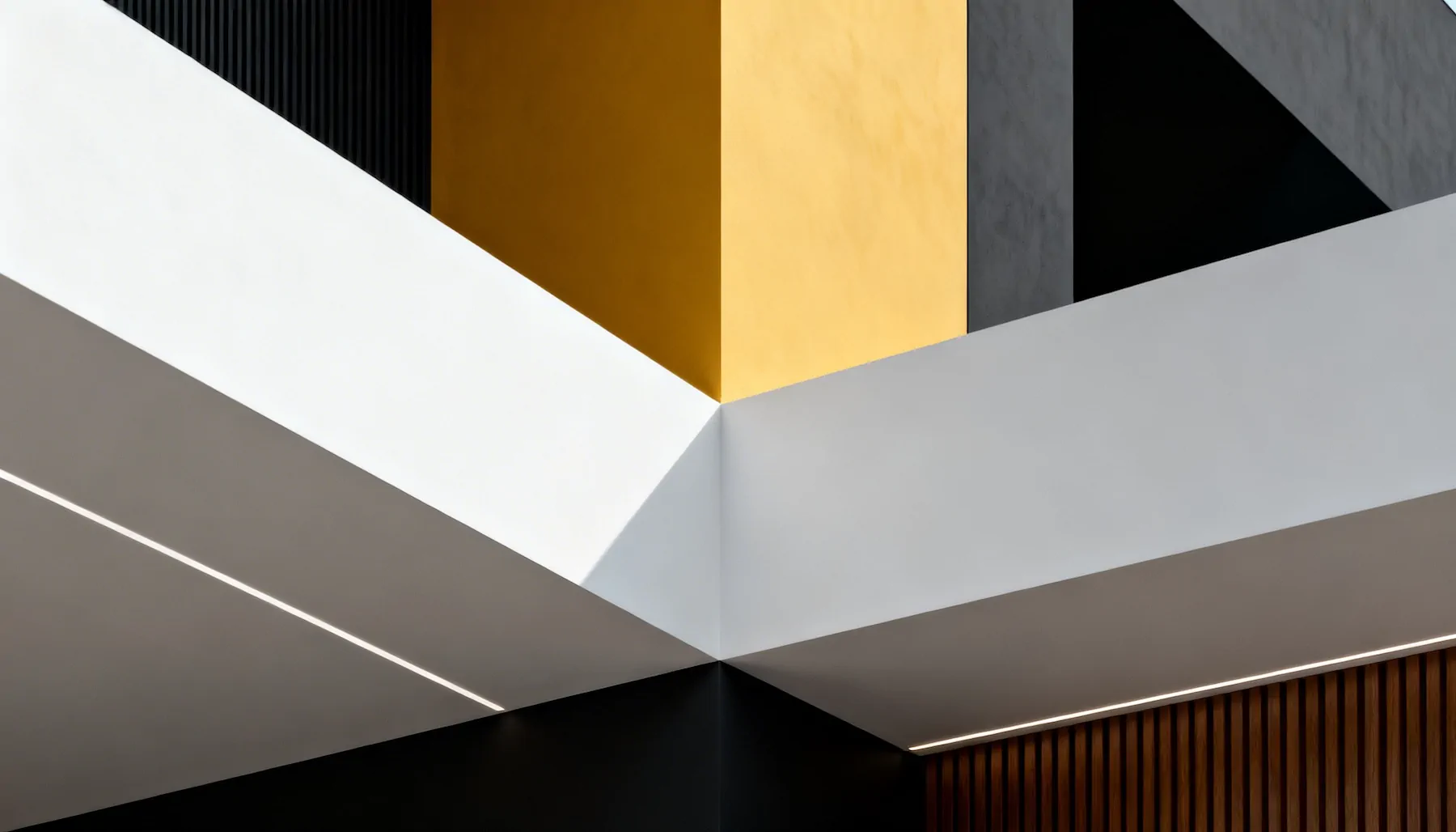 Minimalist architectural detail showing intersecting walls and ceiling with white, yellow, black, and wooden panel surfaces under soft lighting.