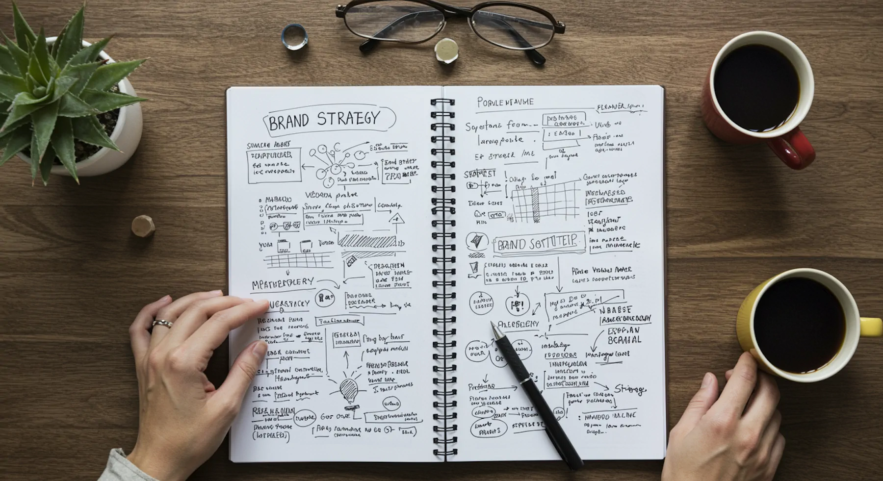 Overhead view of a workspace with an open notebook showing handwritten brand strategy notes, a black pen, two coffee cups, a pair of glasses, and a potted succulent on a wooden table.