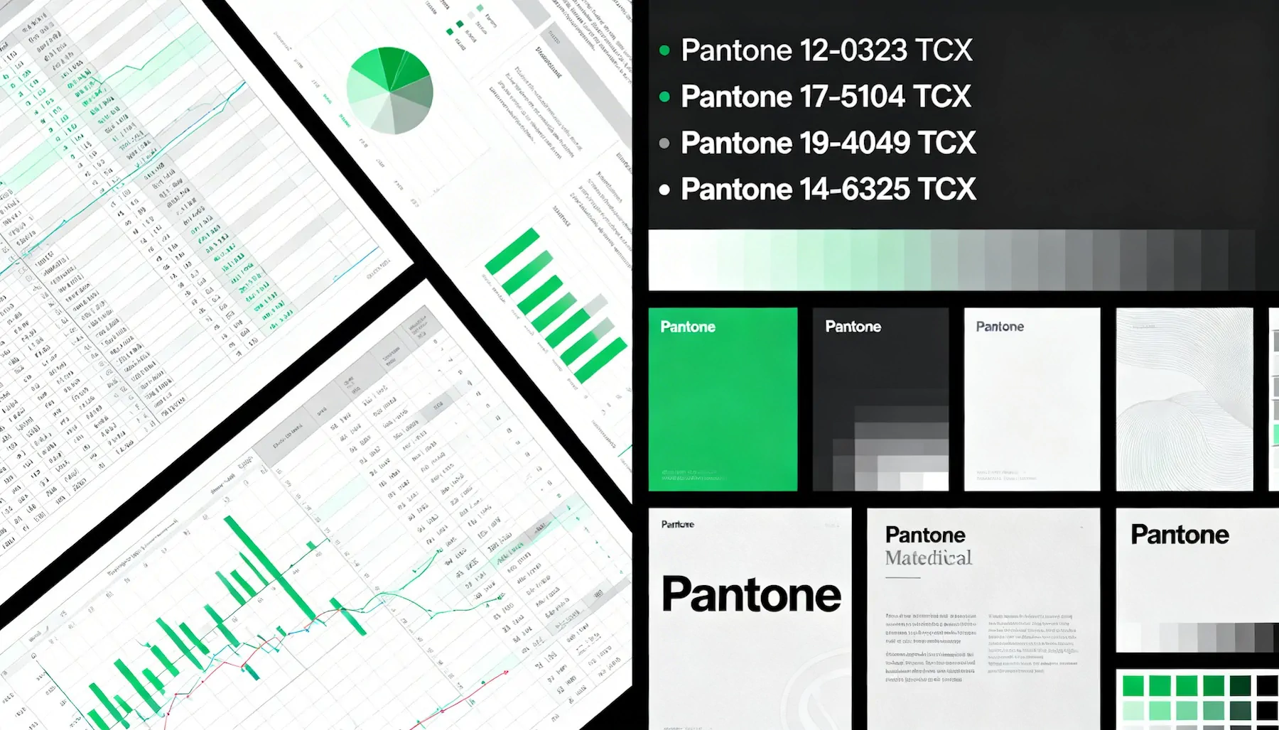 Screens displaying green-themed charts, graphs, and Pantone color palette with specific Pantone codes and gradients.