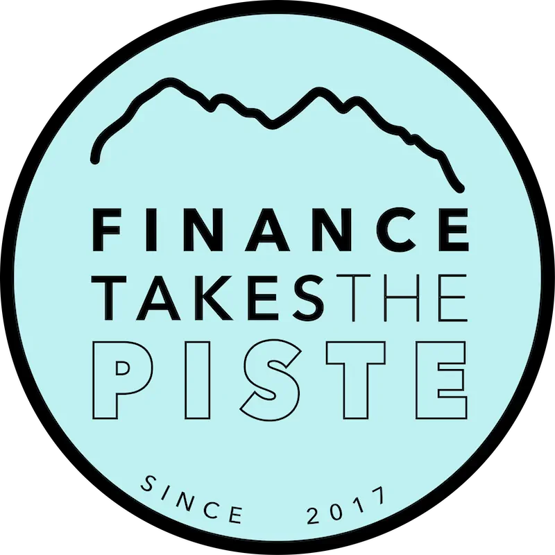 Circular logo with black mountain outline and text 'Finance Takes The Piste' on light blue background, with 'Since 2017' curved along the bottom.