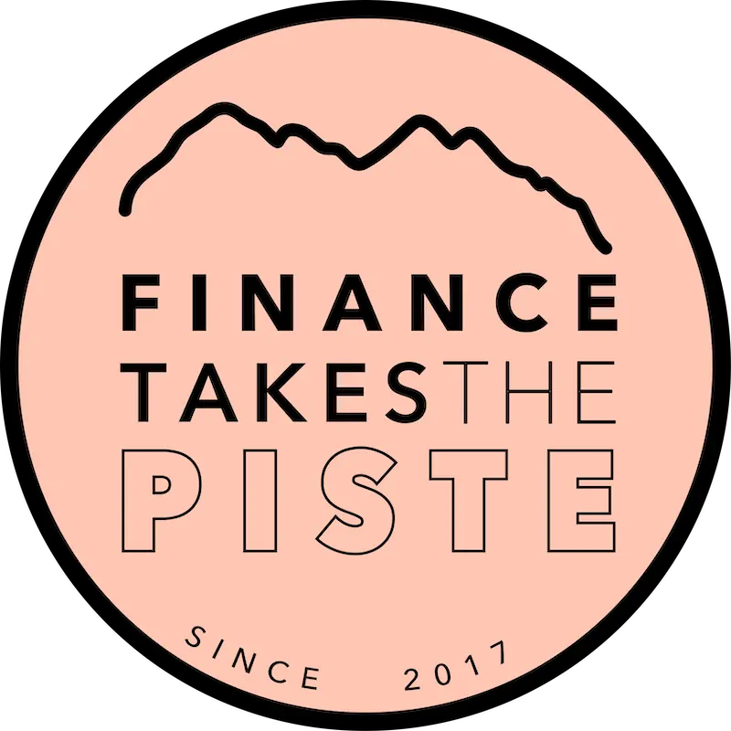 Logo with mountain outline above the text 'Finance Takes The Piste' and 'Since 2017' below on a peach circle background.