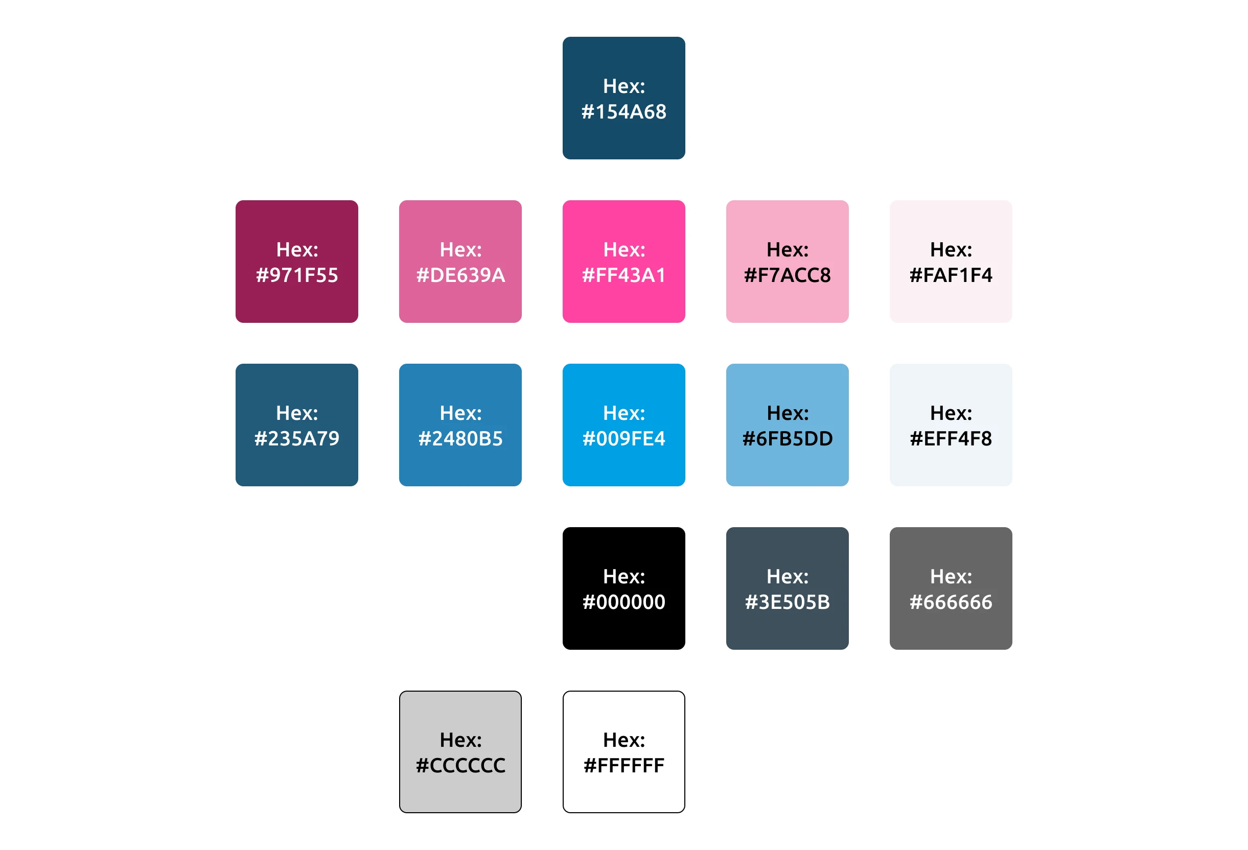 Grid of 16 colored squares showing different HEX color codes, including shades of pink, blue, gray, black, and white.