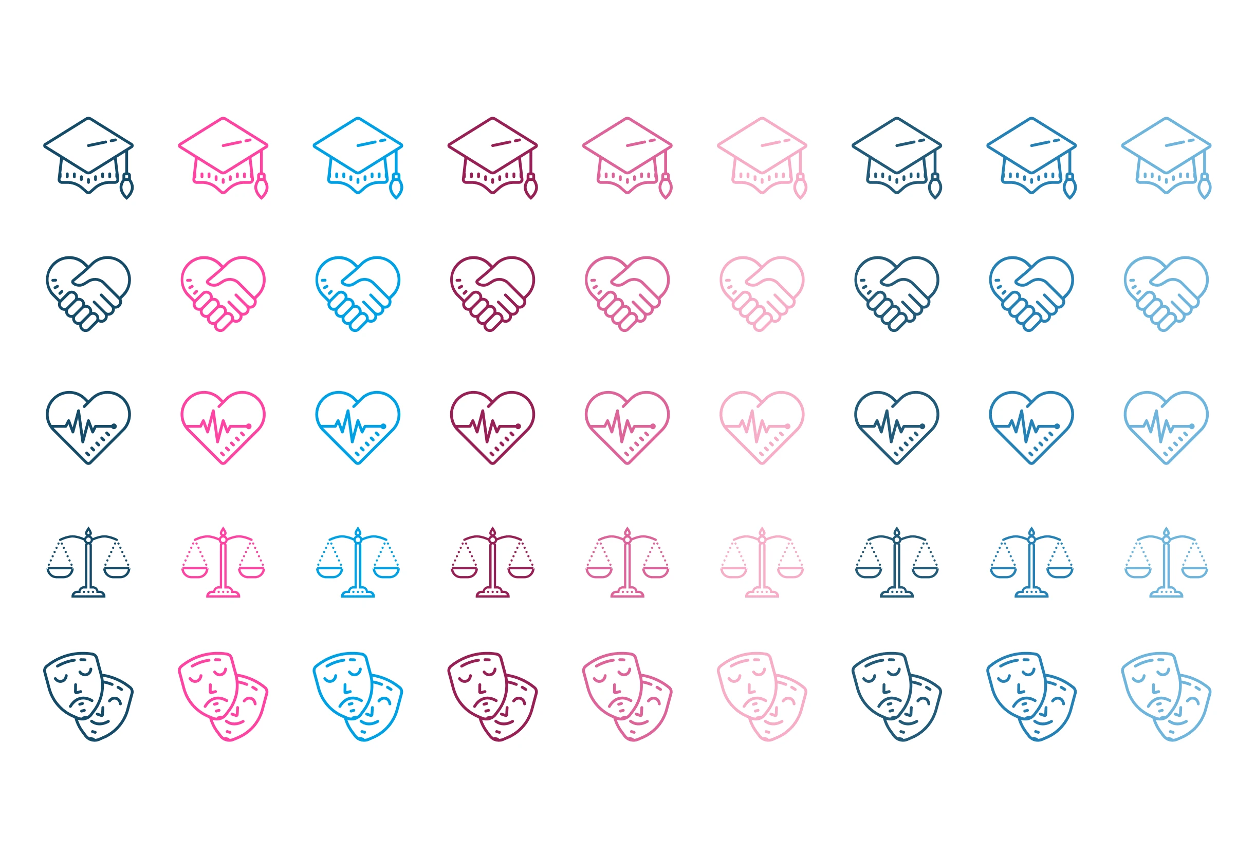 Grid of outline icons including graduation cap, handshake heart, heart with pulse line, balanced scale, and comedy-tragedy masks in multiple colors and opacities.