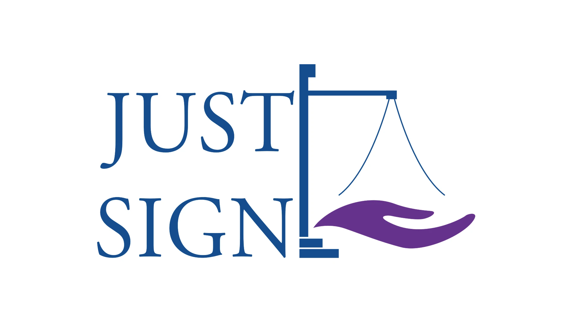 Logo with the word 'JUST SIGN' in blue and a stylized scale with a purple hand as one of the scale pans.