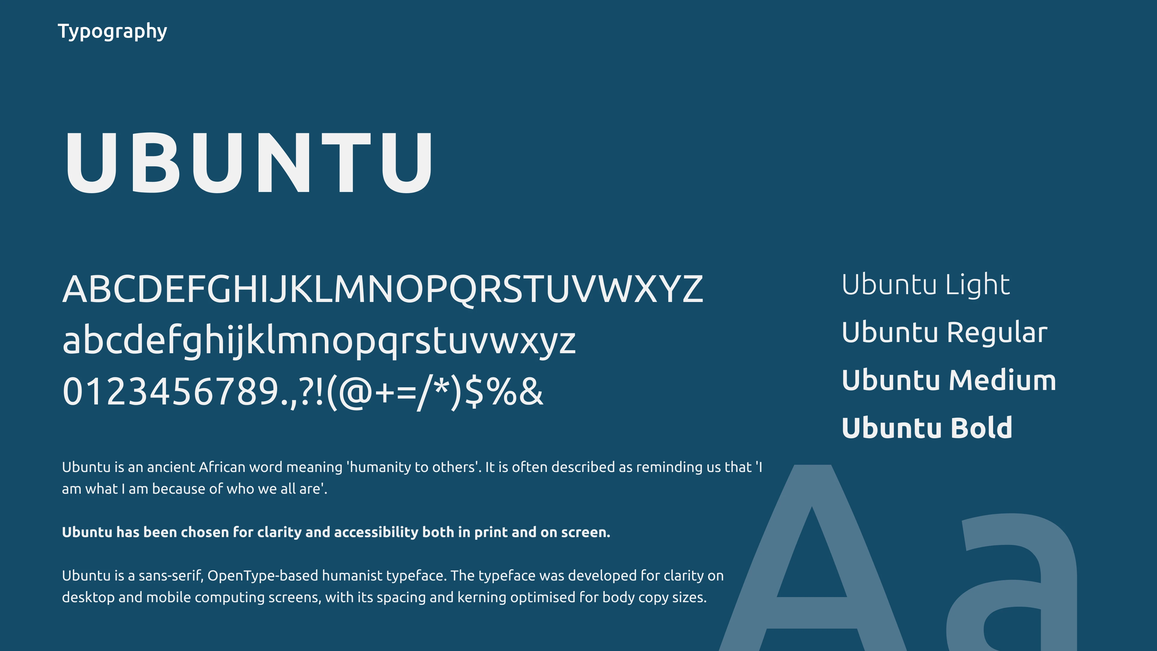 Typography sample showcasing the Ubuntu font family in uppercase, lowercase, numbers, and symbols with descriptions of its clarity, accessibility, and humanist design.