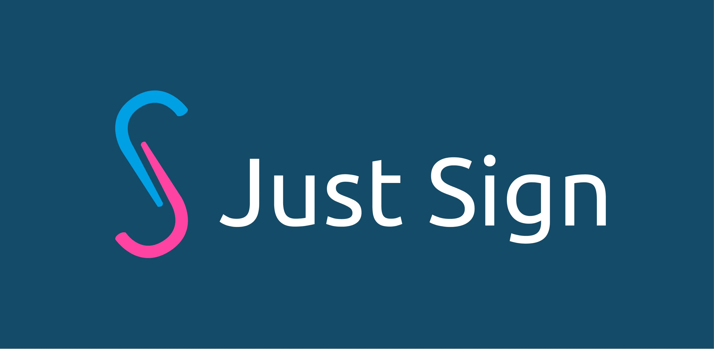 Just Sign logo with stylized blue and pink interlocking S shapes on a dark blue background.
