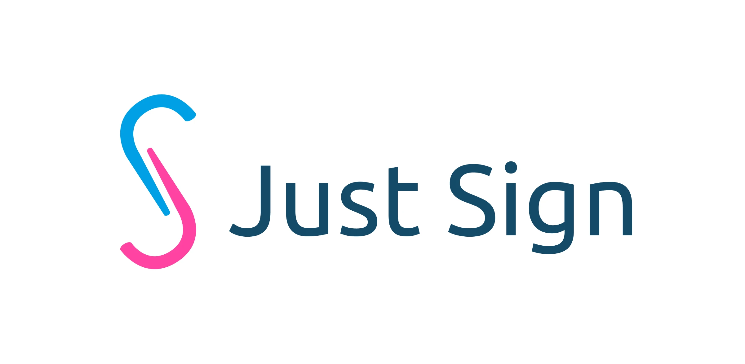 Just Sign logo with stylized intertwined blue and pink S shapes.