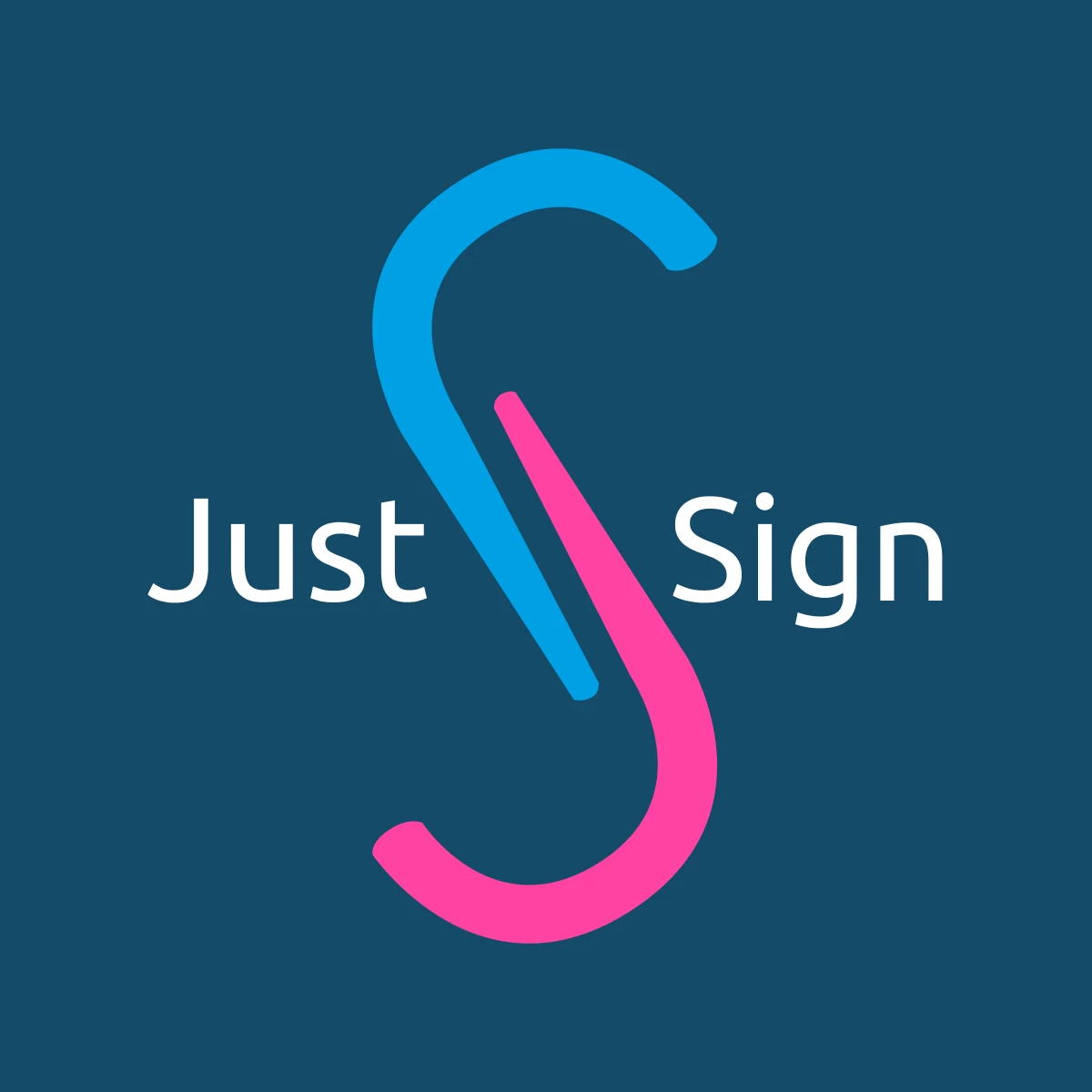 Logo with stylized letters 'S' in blue and pink and the words Just Sign on a dark blue background.