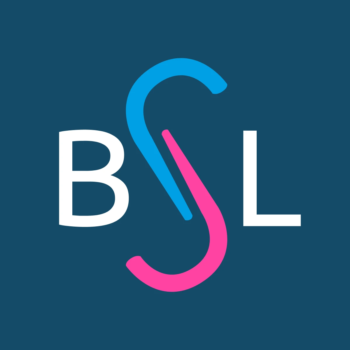 Logo with letters B and L in white and an S shaped symbol in blue and pink between them on a dark blue background.