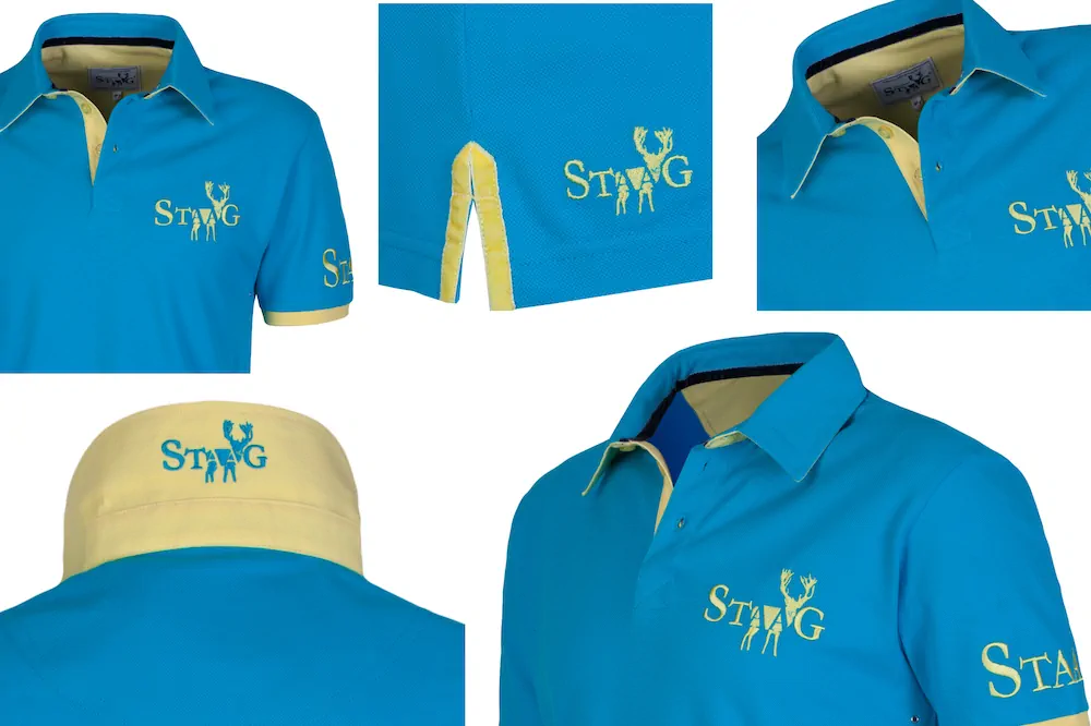 Collage of blue polo shirts with yellow inner collar and yellow accents, featuring embroidered stag logo and 'STAG' text on the chest and sleeve.