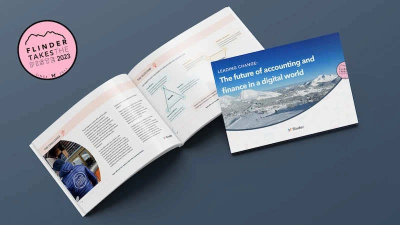 Open brochure and cover titled 'Leading Change: The future of accounting and finance in a digital world' with a snowy mountain landscape and Flinder logo on a blue background.