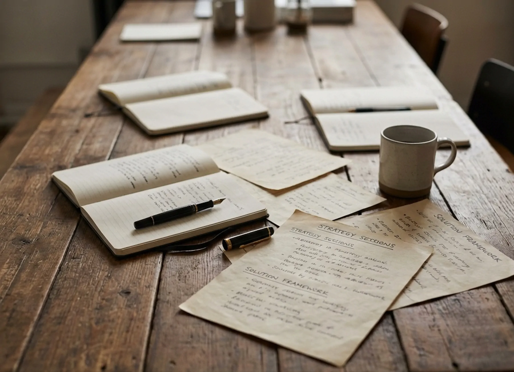 Wooden table with open notebooks, handwritten papers titled 'Strategy Sections' and 'Solution Framework,' a fountain pen, pen cap, and a white mug.