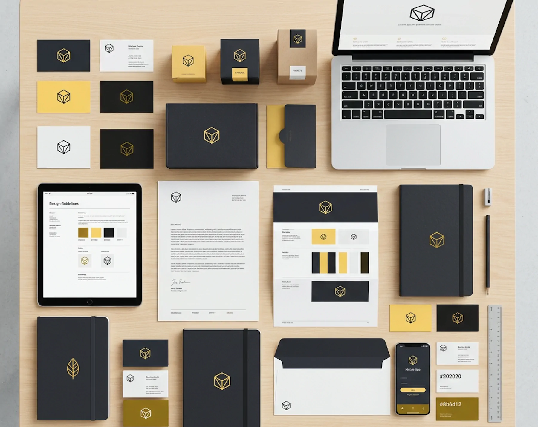 Flat lay of black, white, and yellow branded stationery including business cards, notebooks, boxes, letterheads, an envelope, a laptop, a tablet, and a smartphone, all featuring a minimalist cube logo.
