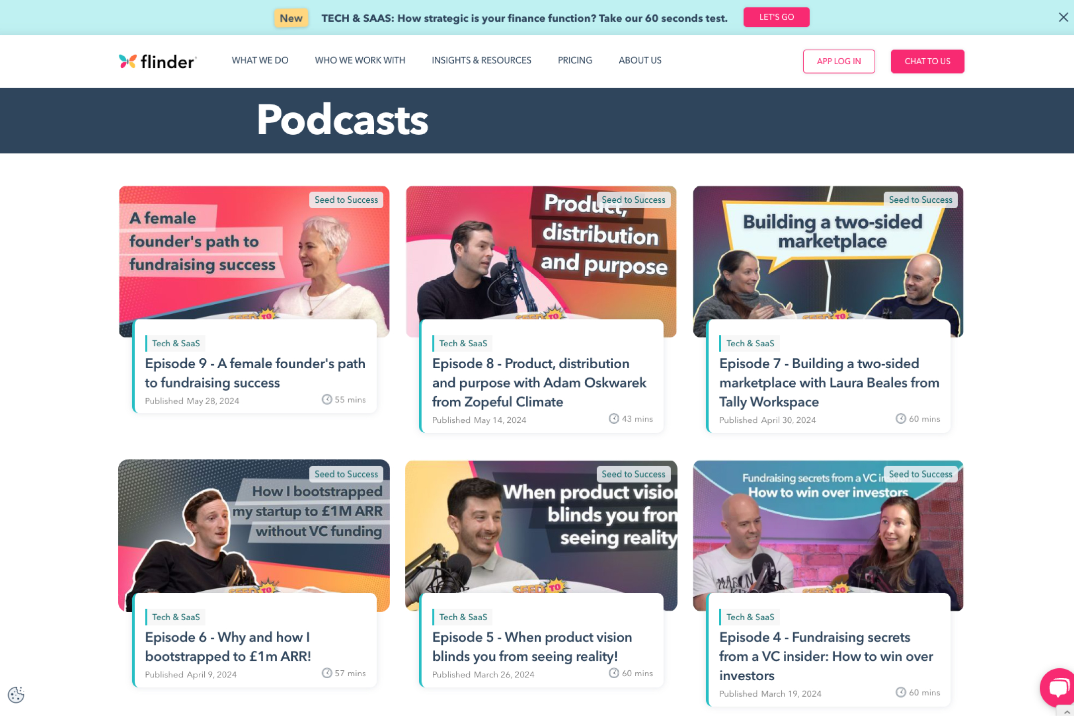 Screenshot of six podcast episodes on tech and SaaS topics including fundraising, product distribution, marketplace building, bootstrapping startups, product vision, and winning over investors.