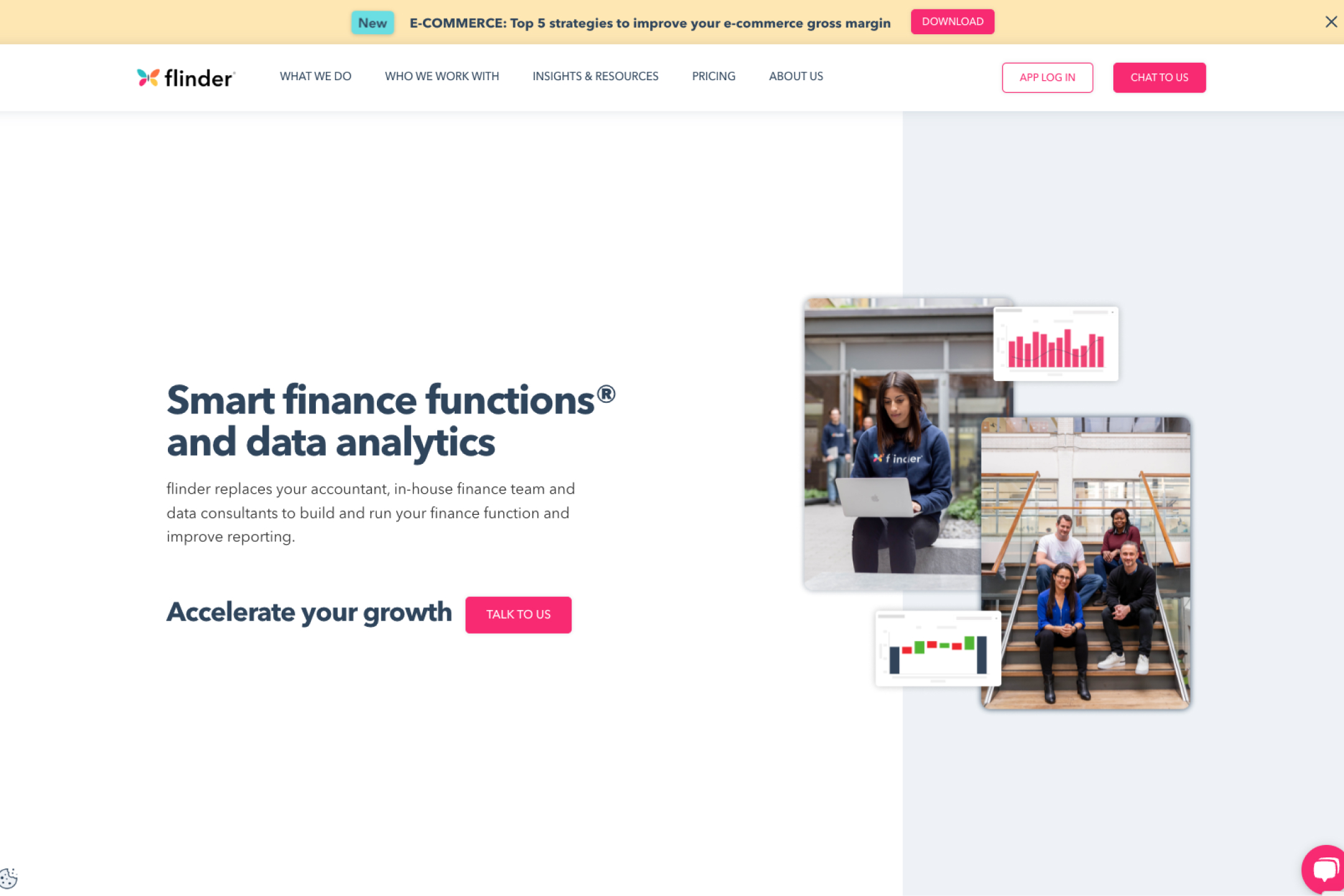 Website section showing flinder's finance functions and data analytics services with images of a woman using a laptop and a group of four people sitting on stairs, accompanied by data chart icons.