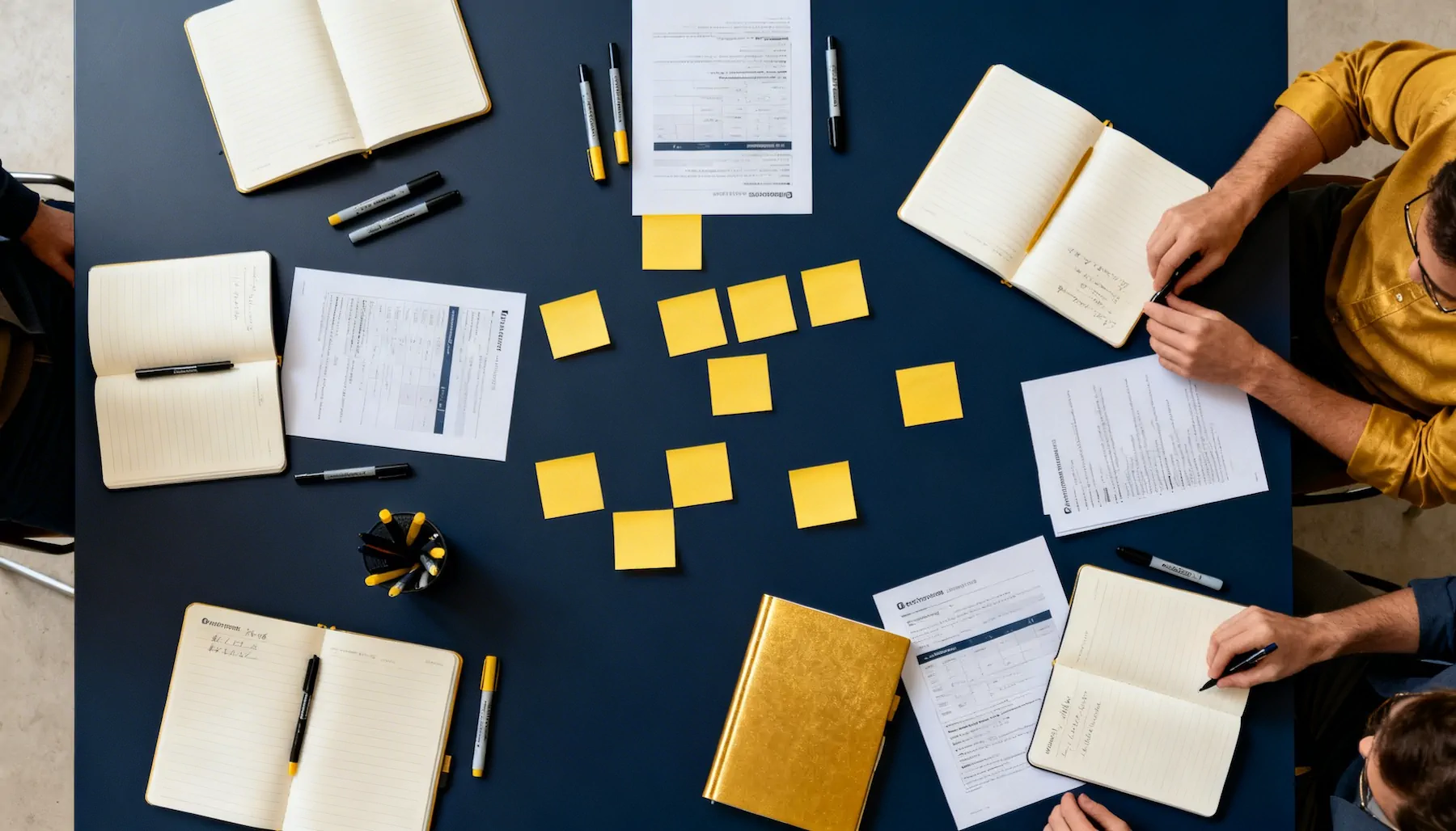 Overhead view of a meeting table with notebooks, documents, yellow sticky notes, and people writing and discussing strategy.