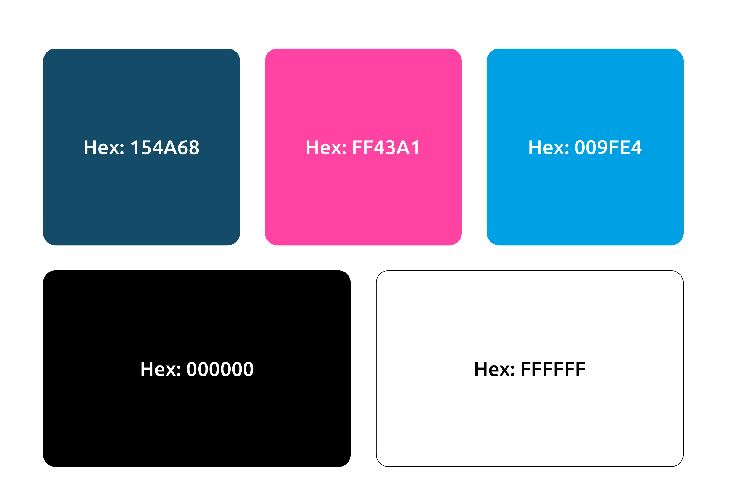 Five colored squares with hex codes: dark blue 154A68, bright pink FF43A1, bright blue 009FE4, black 000000, and white FFFFFF.
