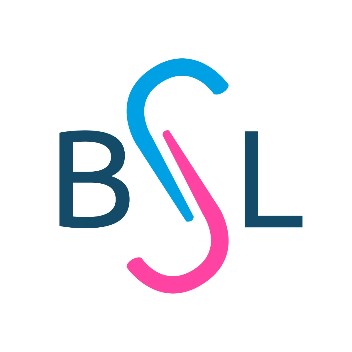 Logo with letters B and L and a curved S in blue and pink between them.